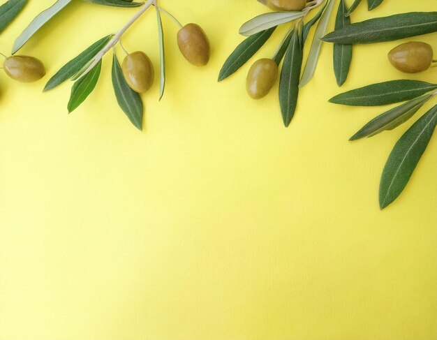 Photo fresh and vibrant olive leaves and green olives on yellow background mediterranean healthy food