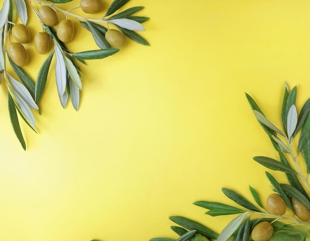 Photo fresh and vibrant olive leaves and green olives on yellow background mediterranean healthy