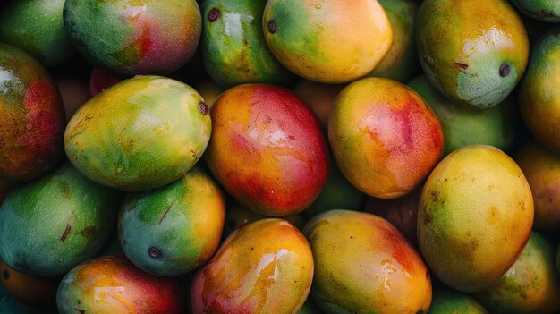 Fresh and vibrant pile of ripe mangoes in green red and yellow colors tropical fruit market beauty like no other