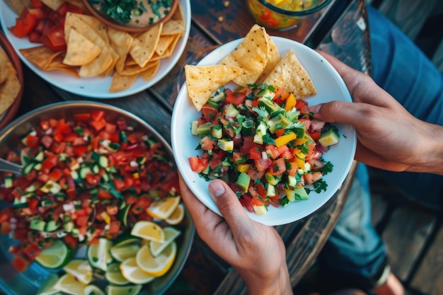 Fresh and Vibrant Presentation Inviting Hands with Plate of Food and Salsa Side