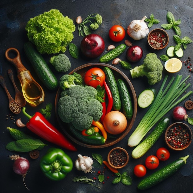 Fresh vibrant vegetables arranged on a dark background for World Vegan Day greetings