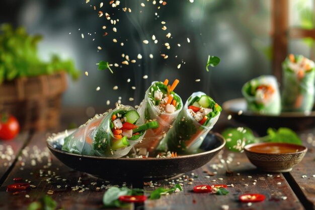 Photo fresh and vibrant vietnamese spring rolls with vegetables and herbs for a healthy appetizer