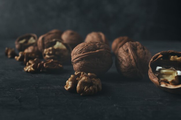 Fresh walnuts with copy space in dark mood shot