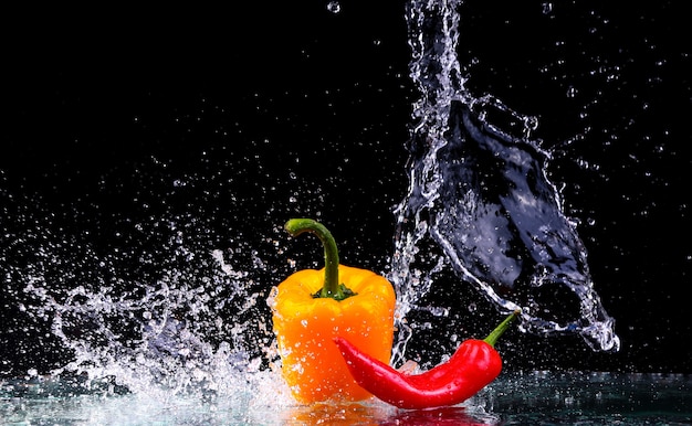 Fresh water splash of colorful peppers