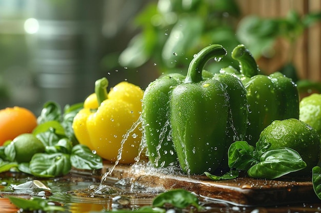 Fresh water splash on green sweet pepper isolated on white