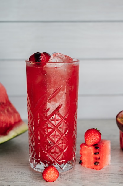 fresh watermelon cocktail on a wooden table