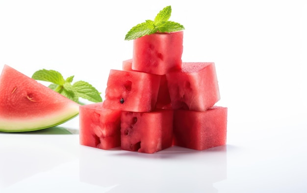 Fresh watermelon cubes isolated on a white background