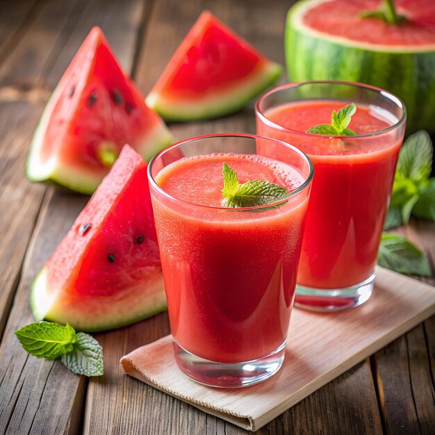 fresh watermelon juice or smoothie in glasses with watermelon pieces