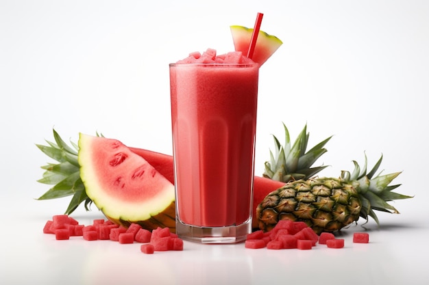 Fresh watermelon juice with ice isolated on white background