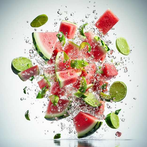 Photo fresh watermelon and lime slices with splashes of water on a white background