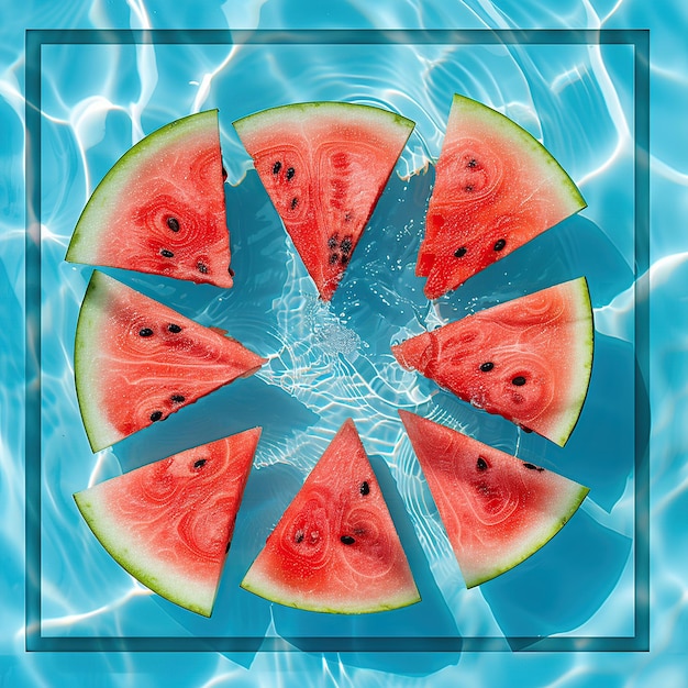 Photo fresh watermelon slice frame with poolside background for national make a difference day