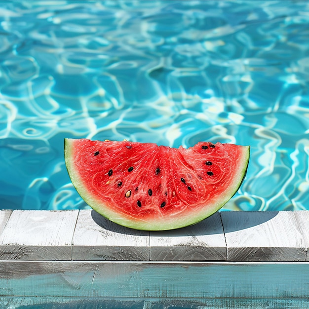 Photo fresh watermelon slice frame with poolside background for national make a difference day