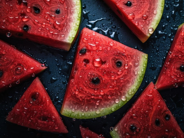 Fresh watermelon with water drops Close up Full frame background top view