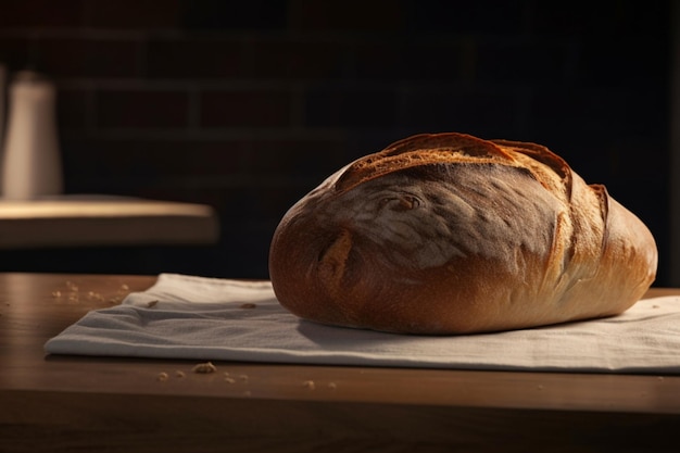 Fresh white bread on a wooden table in a bakery in the sun generative ai