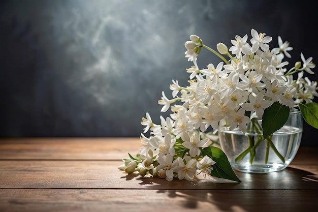 Fresh White Clematis Flowers on Wooden Table