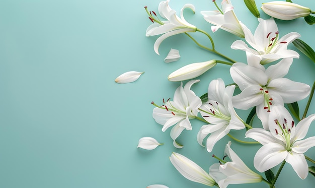 Fresh white lilies on pastel menthe light blue background