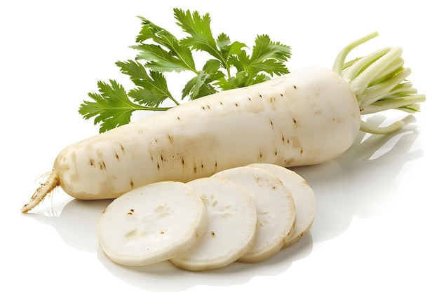 Fresh White Radish with Green Leaves Isolated on White Background