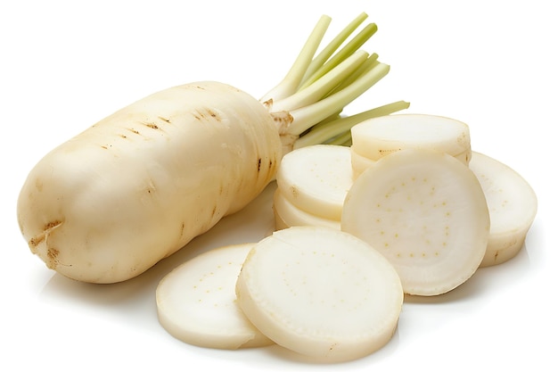 Fresh White Radish with Slices Isolated on White Background