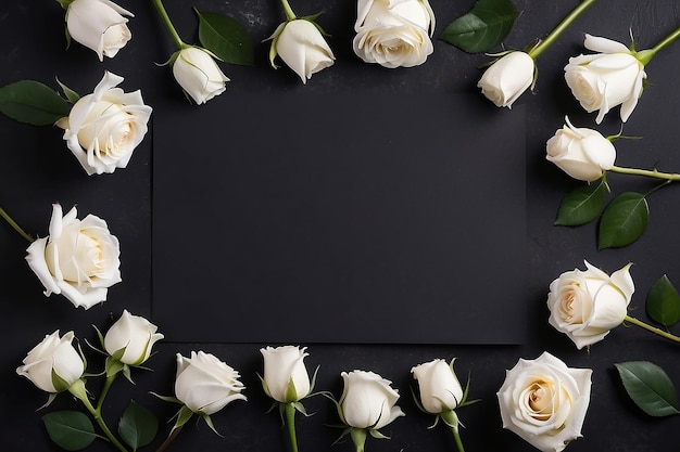 Photo fresh white roses on black dark background condolence card empty place for emotional sentimental text quote or sayings top view flat lay