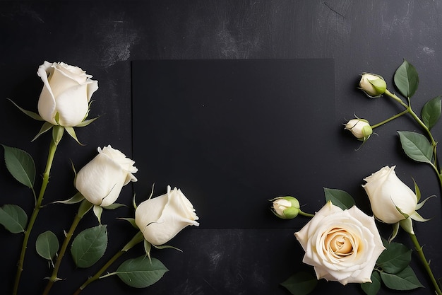 Photo fresh white roses on black dark background condolence card empty place for emotional sentimental text quote or sayings top view flat lay