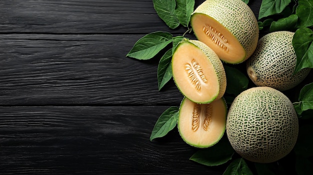 Fresh Whole and Cut Pepino Melons with Green Leaves on Black Background