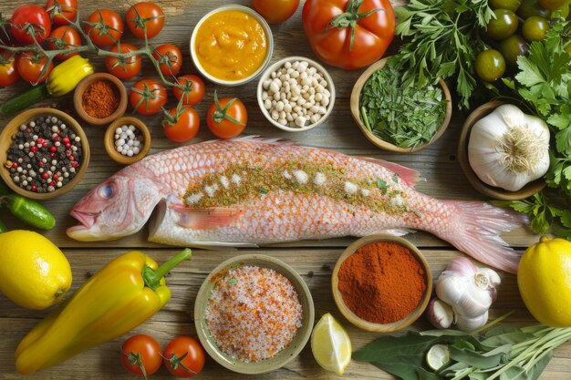 Fresh whole fish with spices and vegetables on a wooden table