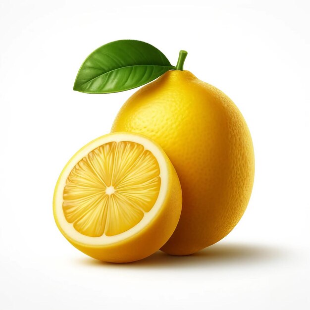 Fresh whole lemon with half lemon on white background