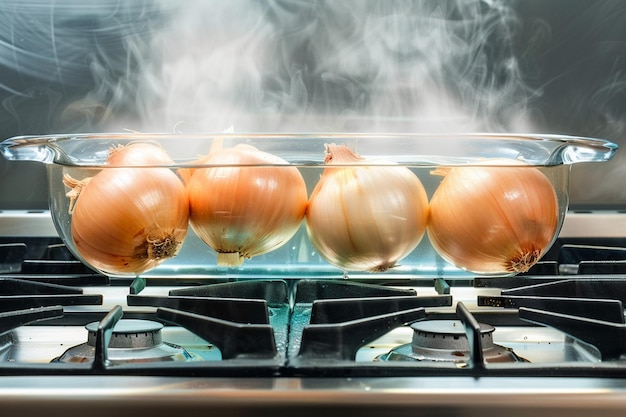 Fresh whole onions boiling in water on gas stove with steam rising in modern kitchen cooking scene