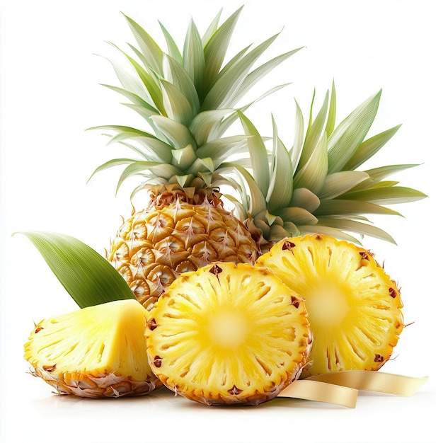 Fresh whole pineapple cut into slices on a white background