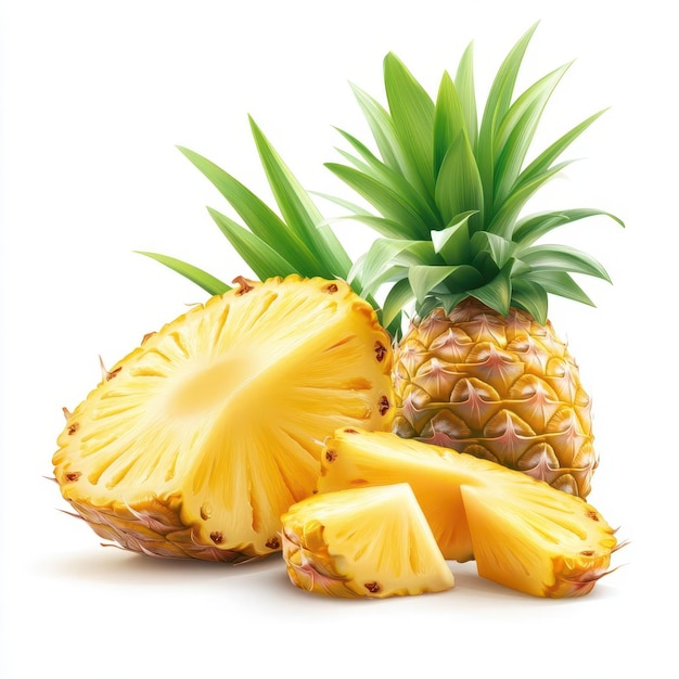 Fresh whole pineapple cut into slices on a white background