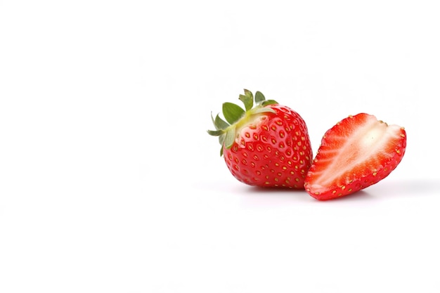 Fresh whole and sliced strawberries isolated on white background with copy space