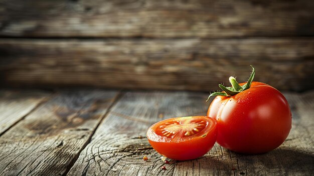 Fresh whole and sliced tomatoes on light wooden boards close up view from the side