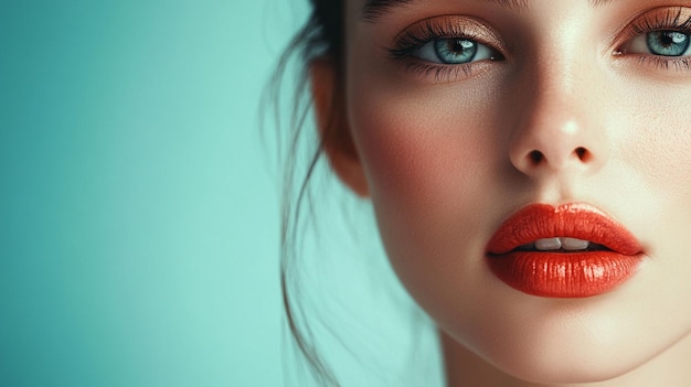 Photo fresh woman face with glossy lipstick and light makeup