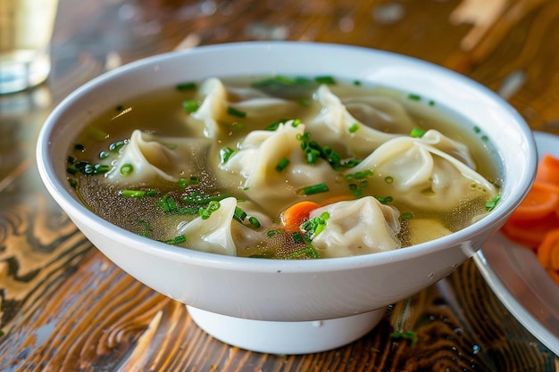 Photo fresh wonton soup with sake served on the side of a plate in a luxurious and elegant restaurant