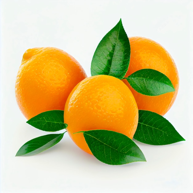 Fresh yellow oranges with green leaves isolated on a white background