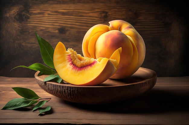 Fresh Yellow Peach fruit in a wooden dish with a slice of yellow peach next to it on a wooden background