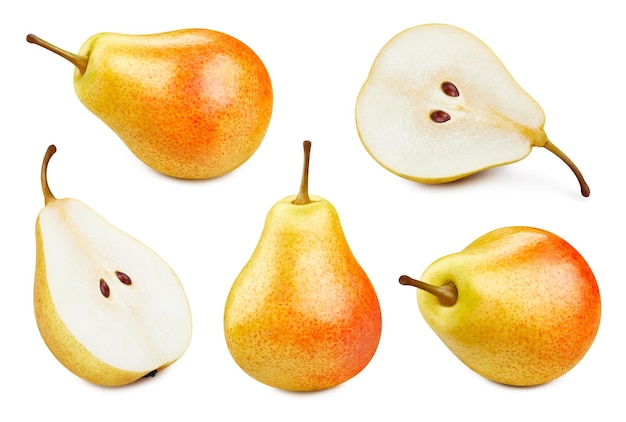 Fresh yellow pears isolated on white background. Pears collection clipping path. Fresh organic fruit