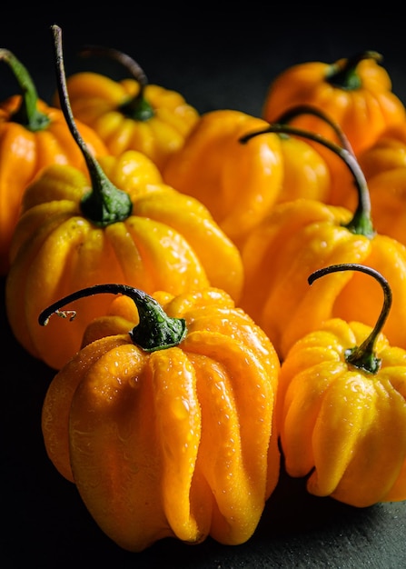 Fresh yellow peppers on blue background