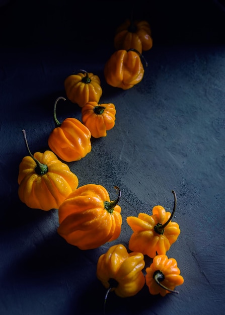 Fresh yellow peppers on blue background