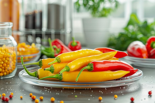 Fresh Yellow and Red Chili Peppers on a Plate with Spices Herbs and Seasonings in a Bright