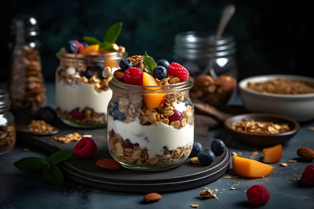 Fresh yogurt granola parfait with sliced nuts fresh raspberry blueberry and mango fruits in a glass jar on dark background Generative AI