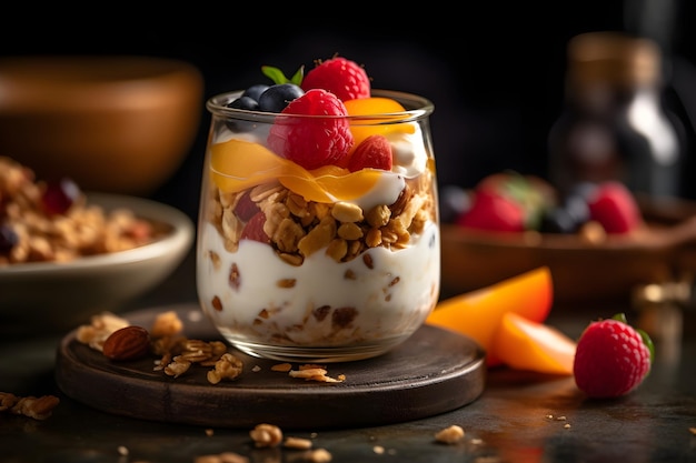 Fresh yogurt granola parfait with sliced nuts fresh raspberry blueberry and mango fruits in a glass jar on dark background Generative AI