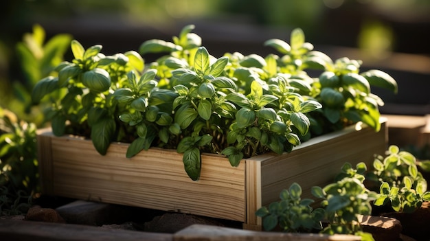 Fresh young green seedlings in a wooden box Theme of ecology and gardening