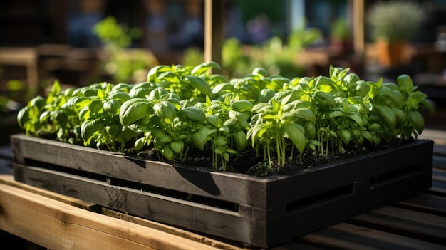 Fresh young green seedlings in a wooden box Theme of ecology and gardening