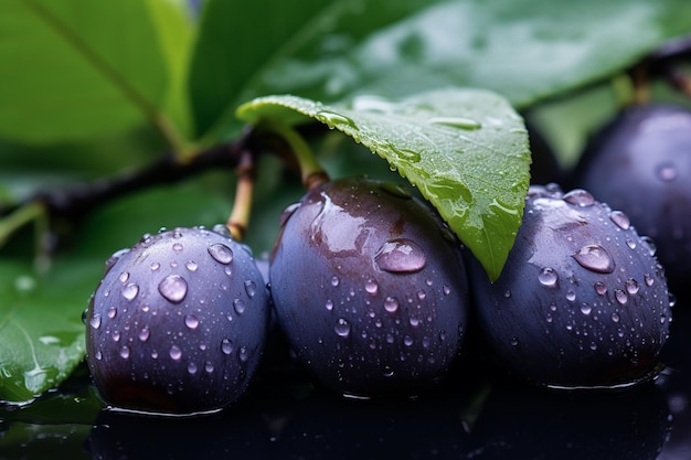 Fresh Young Plums Leaf Water Droplets