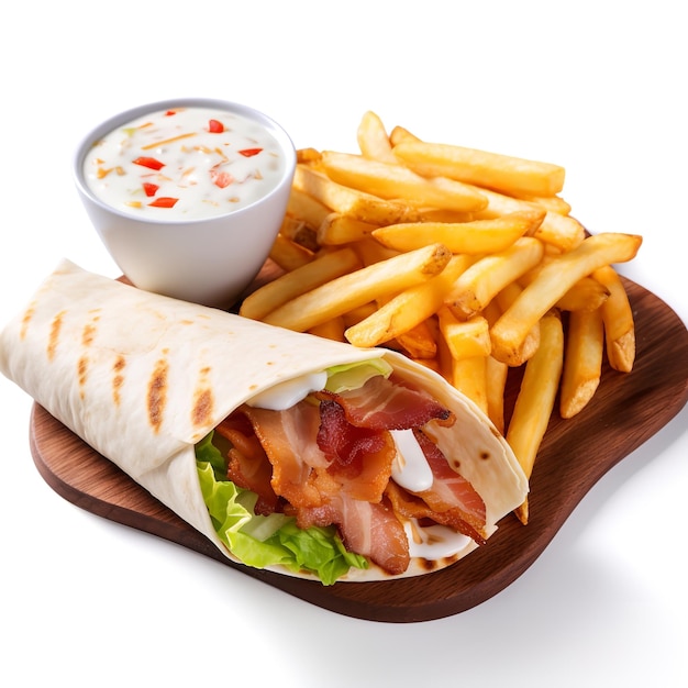 Fresh and Yummy Chicken Bacon Ranch Wrap with Fries isolated on white background