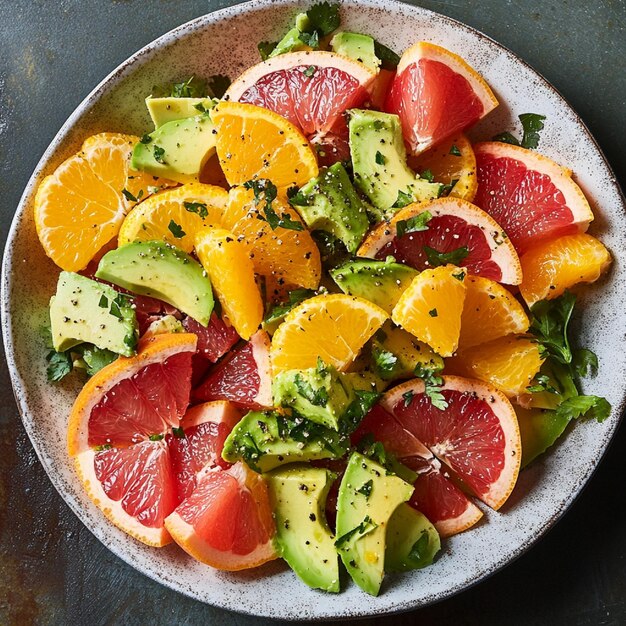 A fresh and zesty citrus salad featuring grapefruit orange and avocado slices