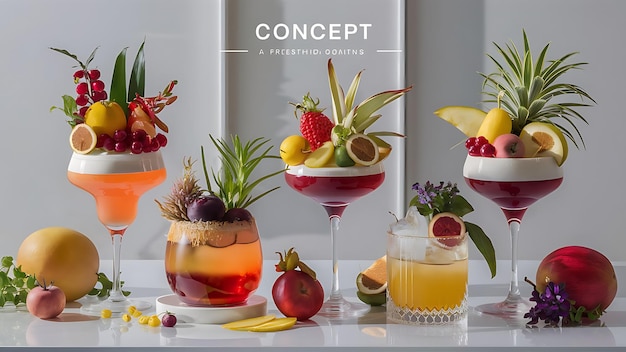 Photo freshening esthetic cocktails with fresh fruits and plants as decorations concept