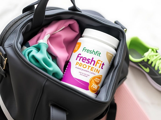 FreshFit Protein Powder in Chic Gym Bag with Workout Gear