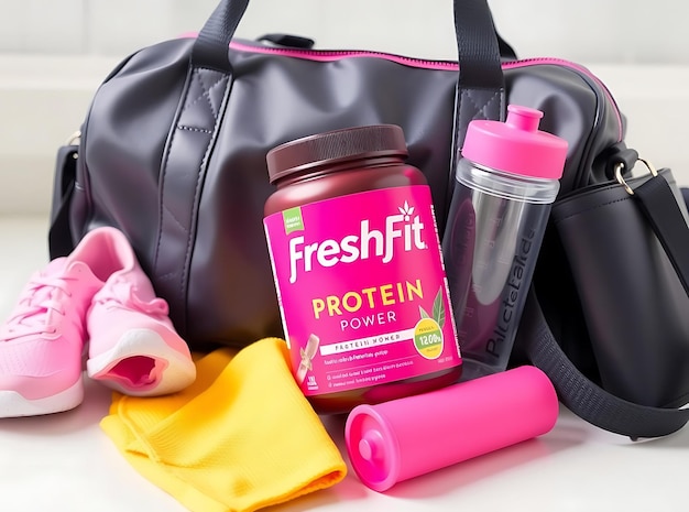 FreshFit Protein Powder in Chic Gym Bag with Workout Gear